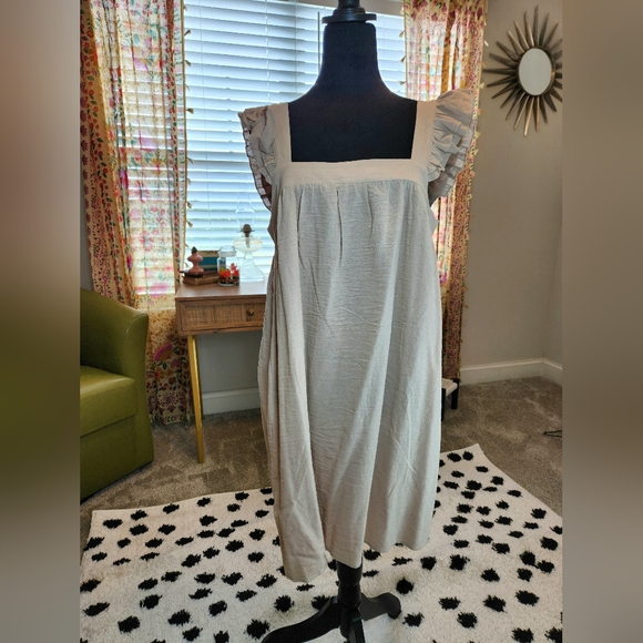 Boutique Sun Dress Mini Tan Ruffle Shoulder Tank with Buttons down back NWOT - Picture 3 of 4